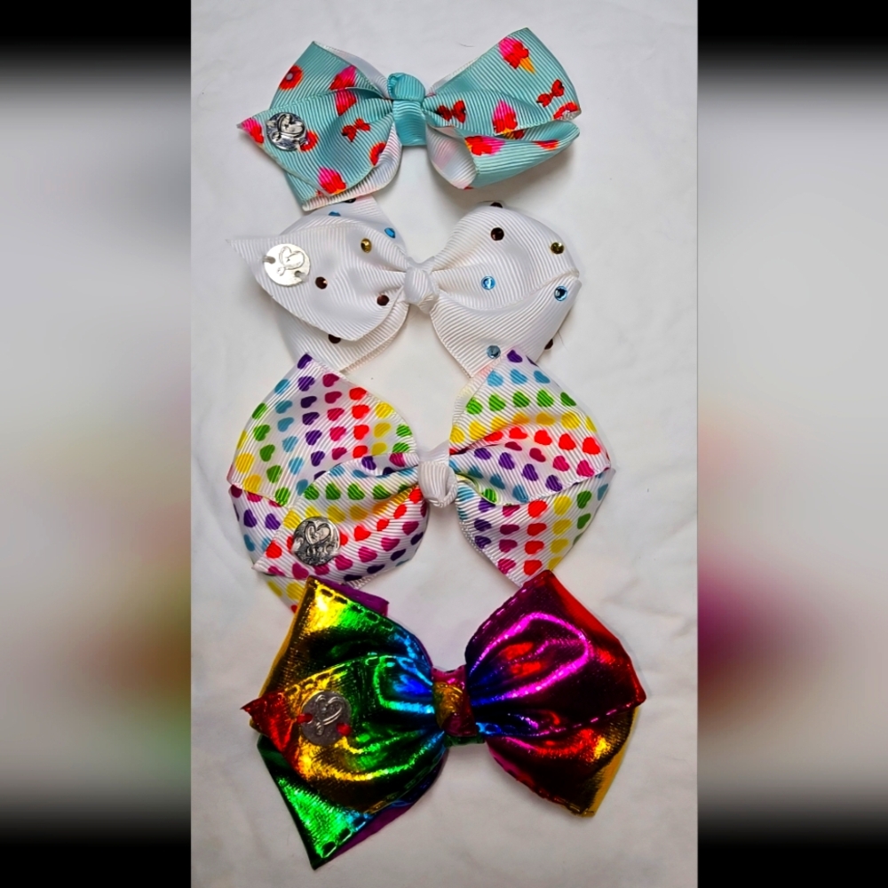 JoJo Siwa Small Bow Lot (of 4)  Rare Ice Cream, Metallic Rainbow, Hearts & Gems